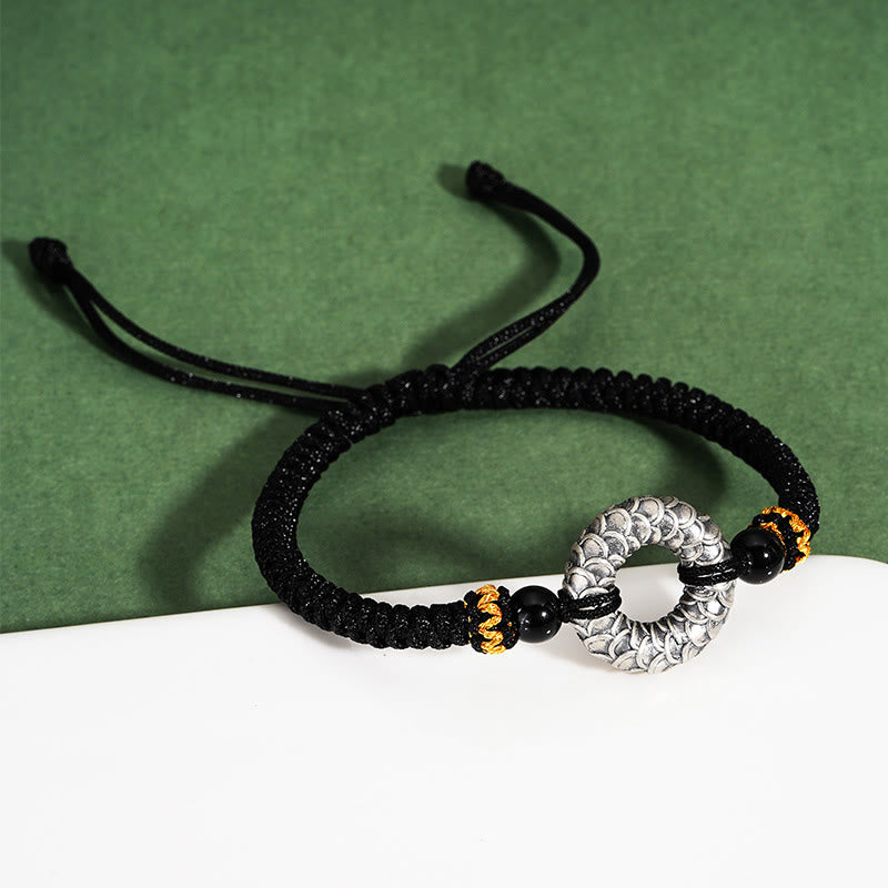 Pulsera trenzada de la suerte con hilo negro de dragón y hebilla de la paz de plata de ley 999 hecha a mano con Buddha Stones y ónix negro