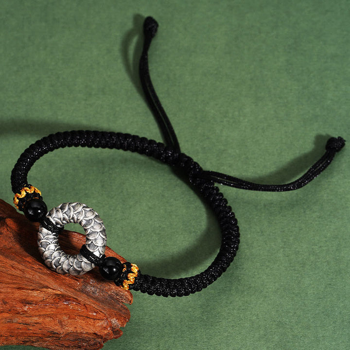 Pulsera trenzada de la suerte con hilo negro de dragón y hebilla de la paz de plata de ley 999 hecha a mano con Buddha Stones y ónix negro