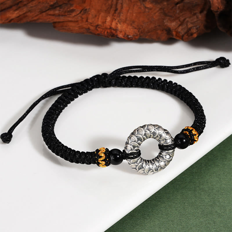 Pulsera trenzada de la suerte con hilo negro de dragón y hebilla de la paz de plata de ley 999 hecha a mano con Buddha Stones y ónix negro