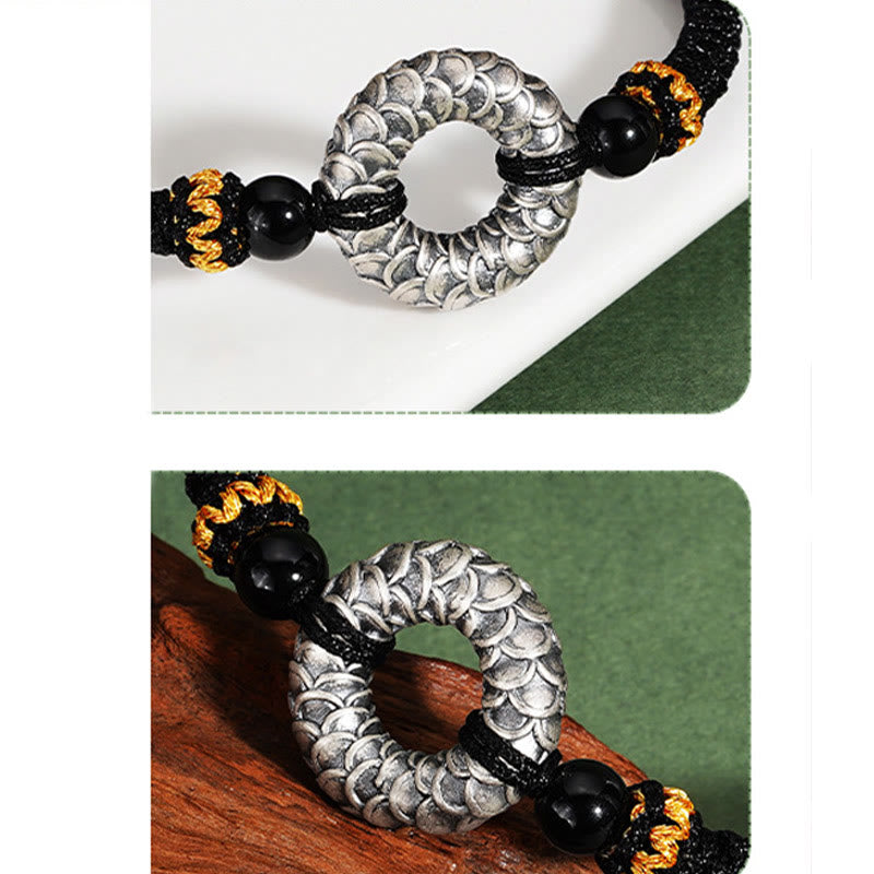 Pulsera trenzada de la suerte con hilo negro de dragón y hebilla de la paz de plata de ley 999 hecha a mano con Buddha Stones y ónix negro