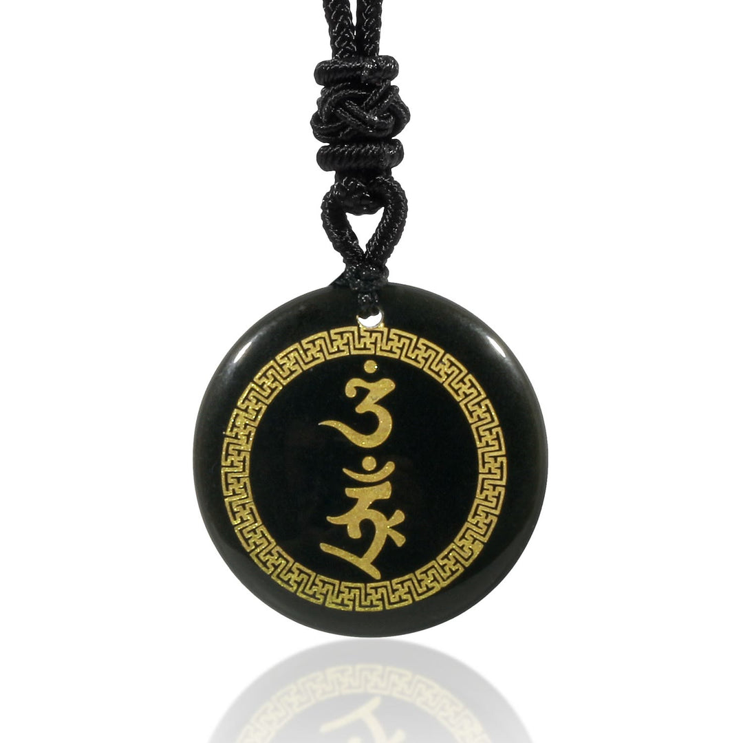Collar con colgante de obsidiana negra natural de varios cristales y Buddha Stones que rodean un mantra de protección y cumplimiento. - Obsidiana negra - image 0