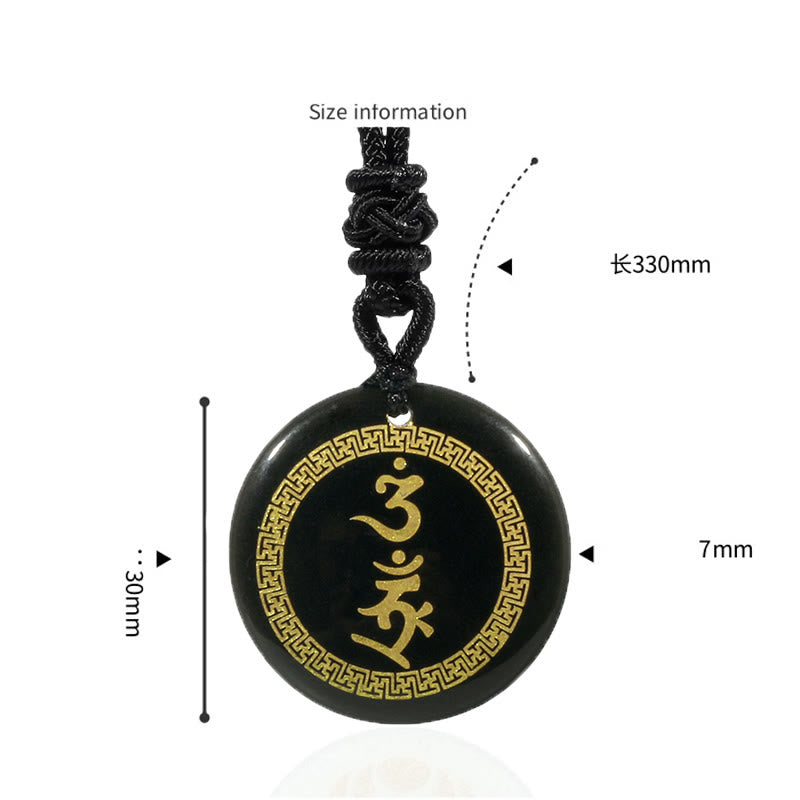 Colgante de collar con obsidiana negra con cristales naturales y mantra de protección Vajra con patrón de esvástica que rodea Buddha Stones