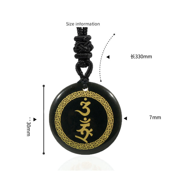 Colgante de collar con obsidiana negra con cristales naturales y mantra de protección Vajra con patrón de esvástica que rodea Buddha Stones