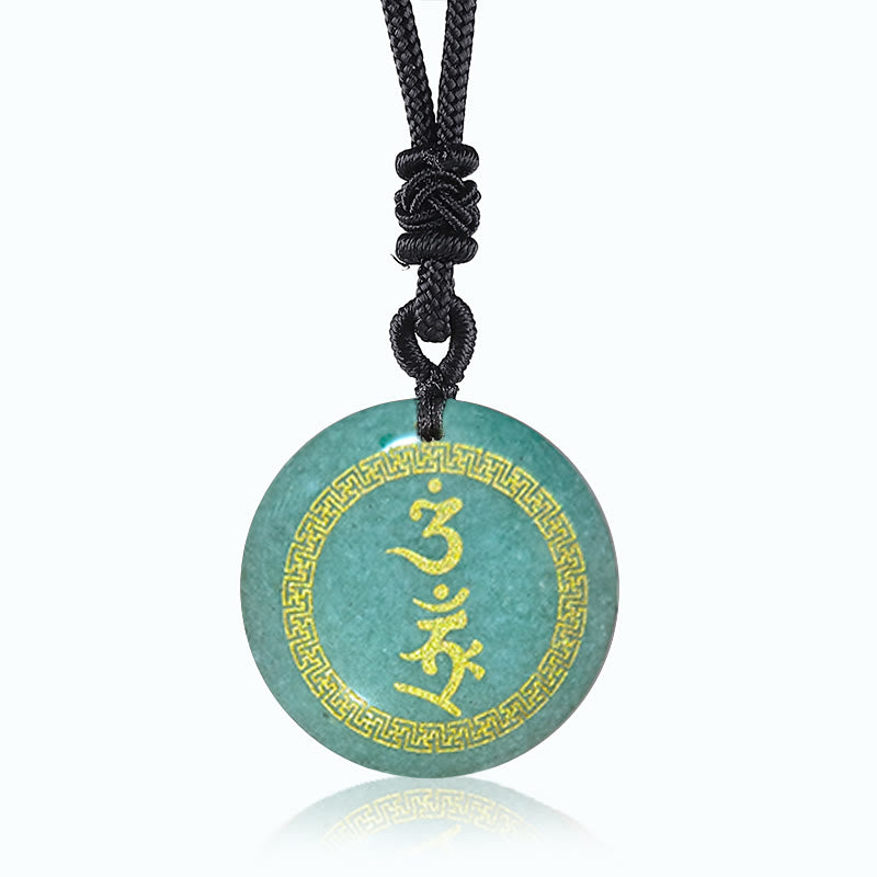 Colgante de collar con obsidiana negra con cristales naturales y mantra de protección Vajra con patrón de esvástica que rodea Buddha Stones