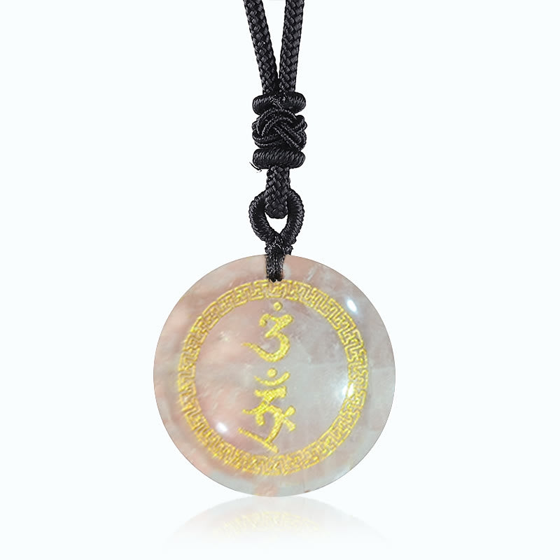 Colgante de collar con obsidiana negra con cristales naturales y mantra de protección Vajra con patrón de esvástica que rodea Buddha Stones