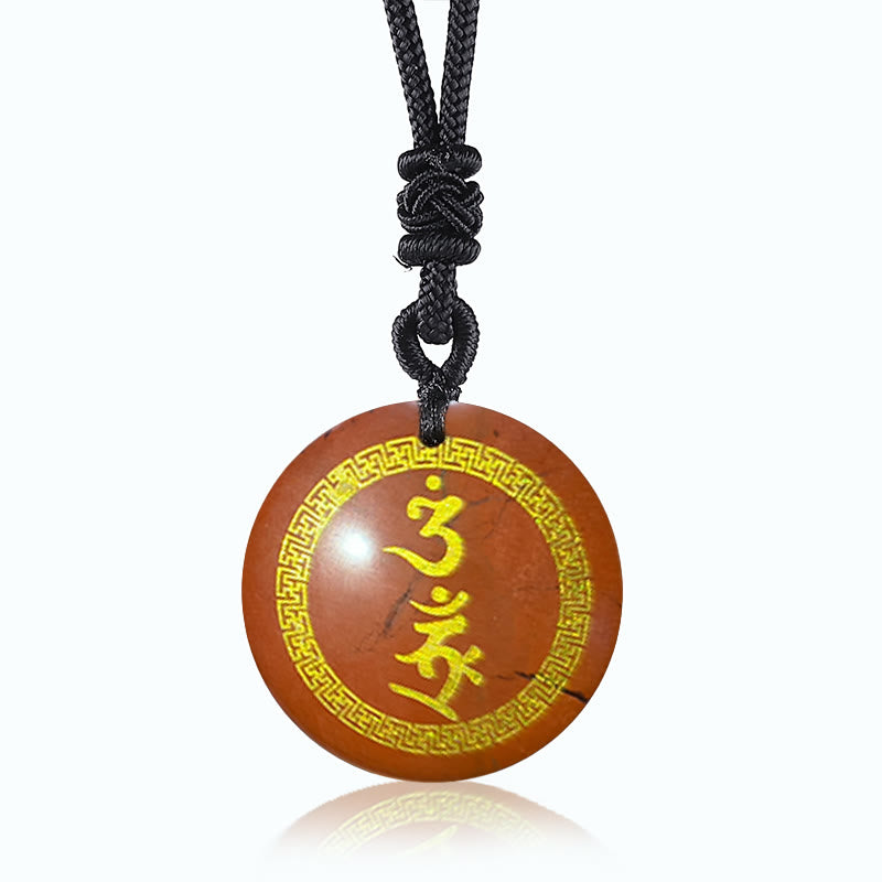 Colgante de collar con obsidiana negra con cristales naturales y mantra de protección Vajra con patrón de esvástica que rodea Buddha Stones