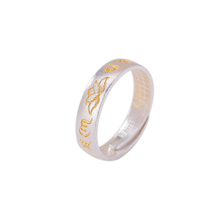 Anillo de iluminación ajustable con seis palabras verdaderas "Om Mani Padme Hum" y loto en plata de ley 999 con Buddha Stones