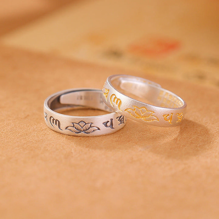 Anillo de iluminación ajustable con seis palabras verdaderas "Om Mani Padme Hum" y loto en plata de ley 999 con Buddha Stones