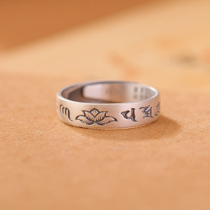 Anillo de iluminación ajustable con seis palabras verdaderas "Om Mani Padme Hum" y loto en plata de ley 999 con Buddha Stones