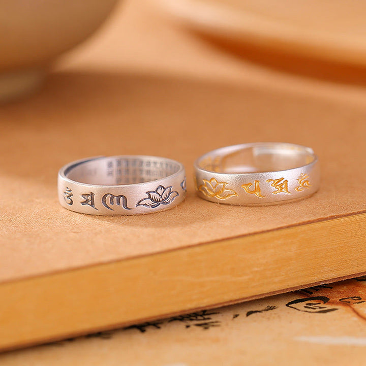 Anillo de iluminación ajustable con seis palabras verdaderas "Om Mani Padme Hum" y loto en plata de ley 999 con Buddha Stones