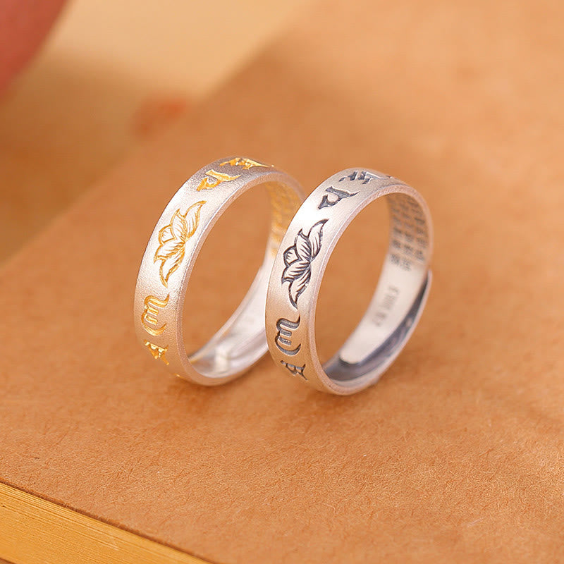 Anillo de iluminación ajustable con seis palabras verdaderas "Om Mani Padme Hum" y loto en plata de ley 999 con Buddha Stones