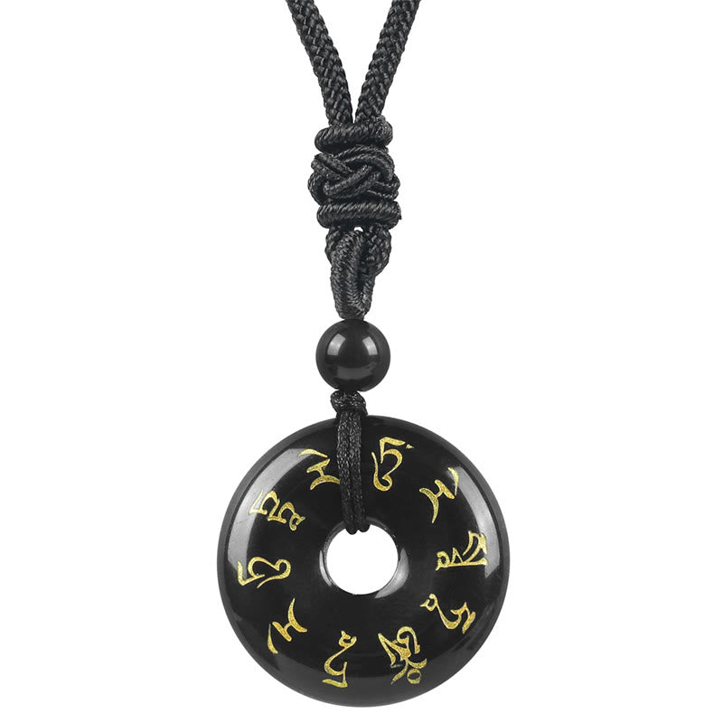 Collar con colgante de obsidiana negra con cristales naturales de varios tipos y Buddha Stones con mantra de Tara verde - Obsidiana negra - image 1