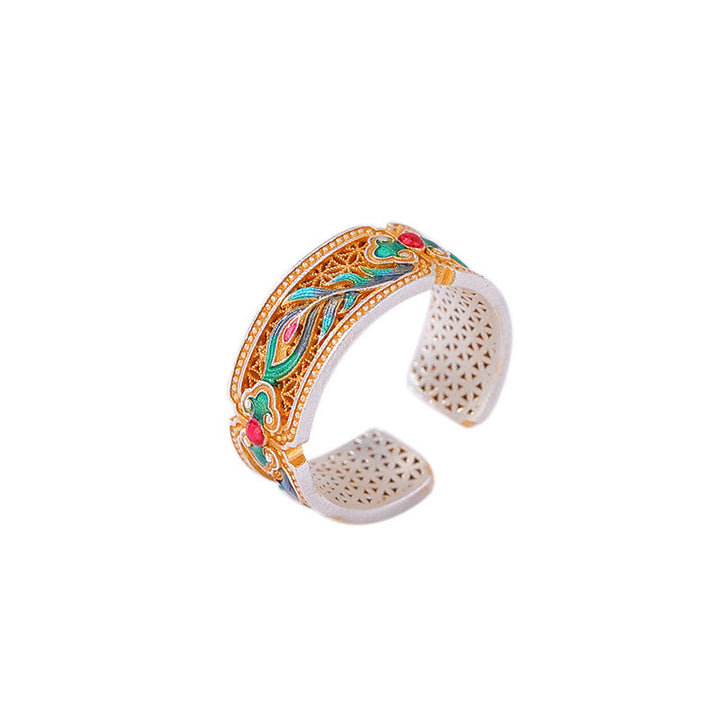 Anillo de calma ajustable con diseño de pluma esmaltada en plata esterlina 999 con Buddha Stones