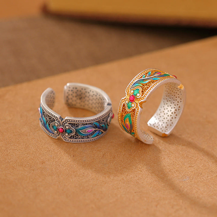 Anillo de calma ajustable con diseño de pluma esmaltada en plata esterlina 999 con Buddha Stones