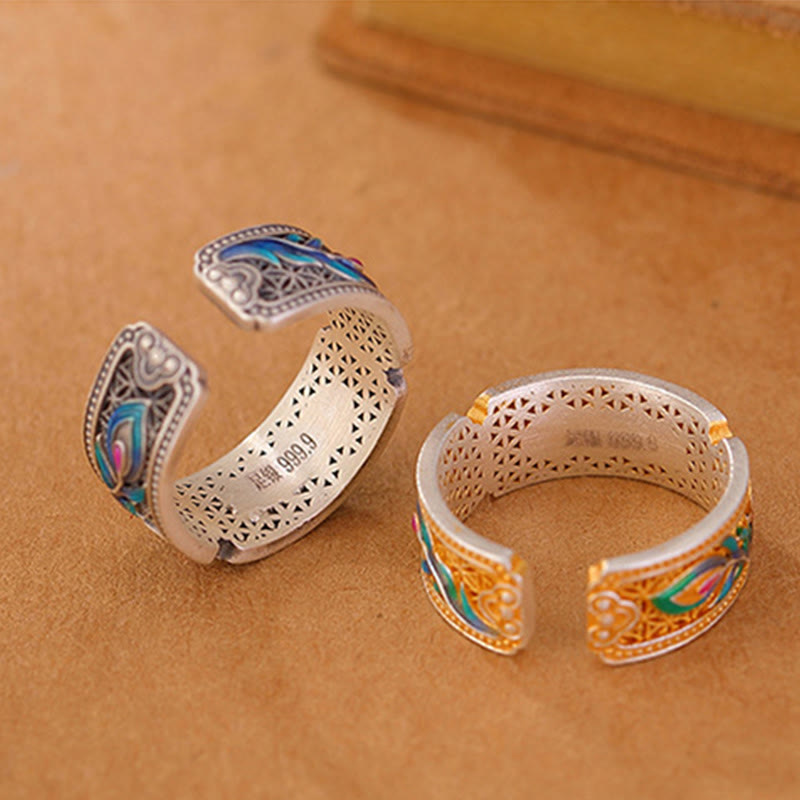 Anillo de calma ajustable con diseño de pluma esmaltada en plata esterlina 999 con Buddha Stones