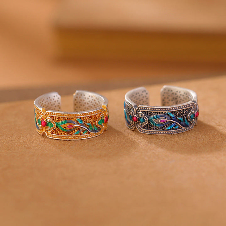 Anillo de calma ajustable con diseño de pluma esmaltada en plata esterlina 999 con Buddha Stones