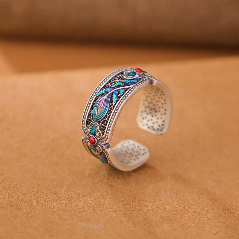Anillo de calma ajustable con diseño de pluma esmaltada en plata esterlina 999 con Buddha Stones