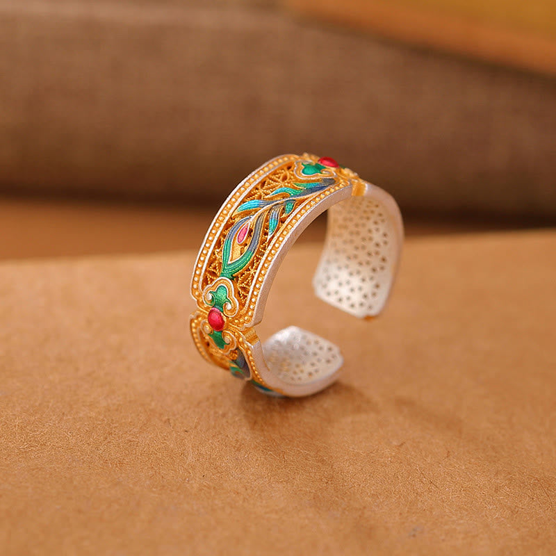 Anillo de calma ajustable con diseño de pluma esmaltada en plata esterlina 999 con Buddha Stones