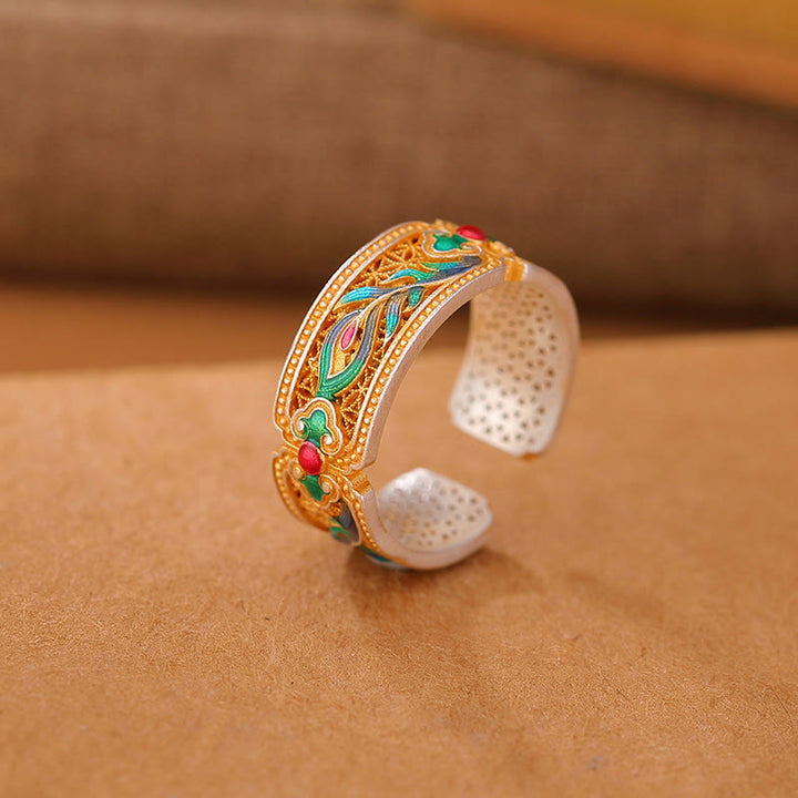 Anillo de calma ajustable con diseño de pluma esmaltada en plata esterlina 999 con Buddha Stones