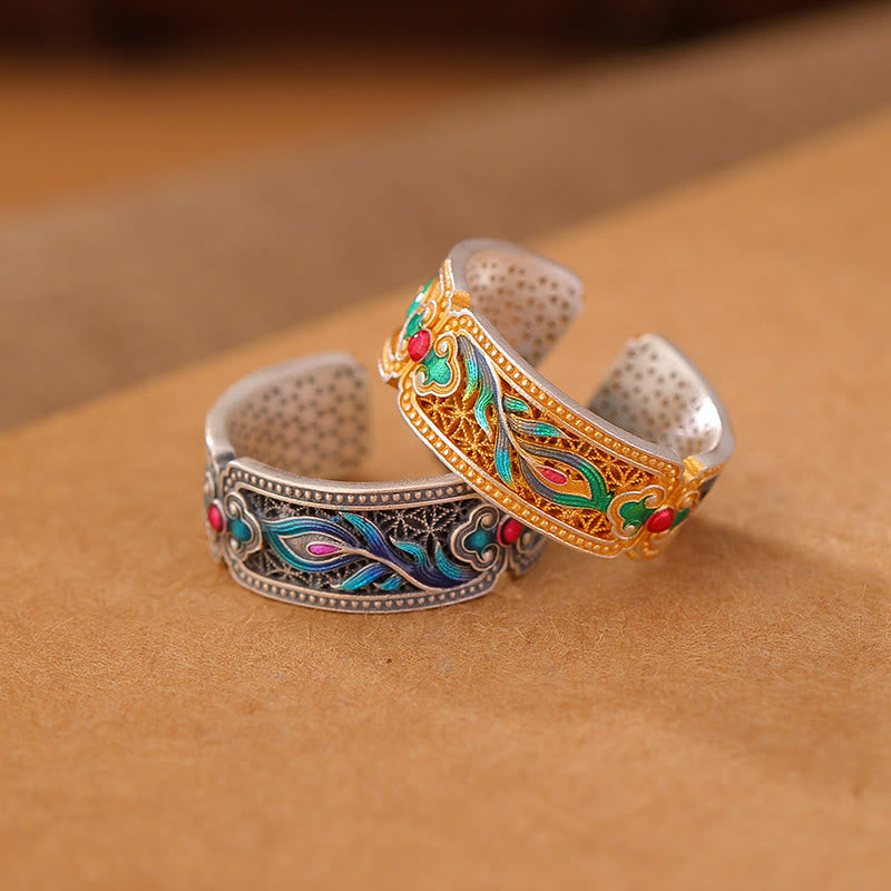 Anillo de calma ajustable con diseño de pluma esmaltada en plata esterlina 999 con Buddha Stones