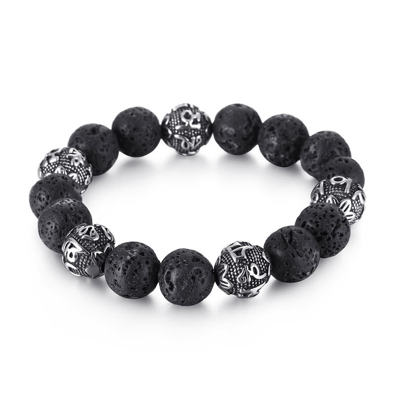 Pulsera curativa Om Mani Padme Hum de seis palabras verdaderas con piedra de lava natural de Buddha Stones y ojo de tigre de acero de titanio