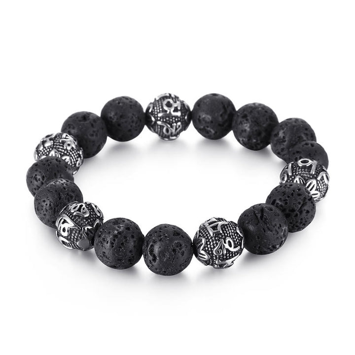 Pulsera curativa Om Mani Padme Hum de seis palabras verdaderas con piedra de lava natural de Buddha Stones y ojo de tigre de acero de titanio