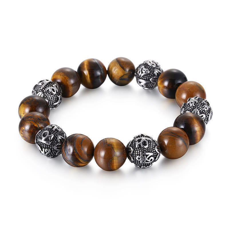 Pulsera curativa Om Mani Padme Hum de seis palabras verdaderas con piedra de lava natural de Buddha Stones y ojo de tigre de acero de titanio