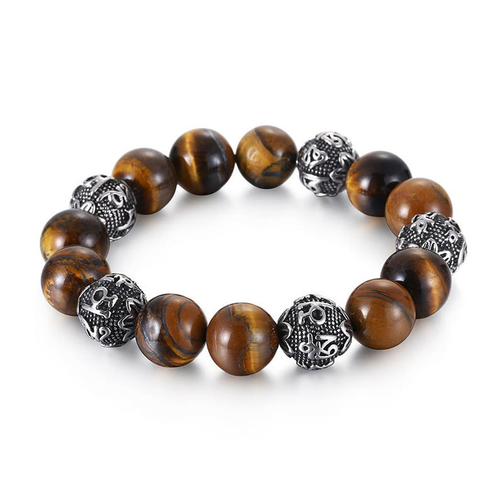 Pulsera curativa Om Mani Padme Hum de seis palabras verdaderas con piedra de lava natural de Buddha Stones y ojo de tigre de acero de titanio