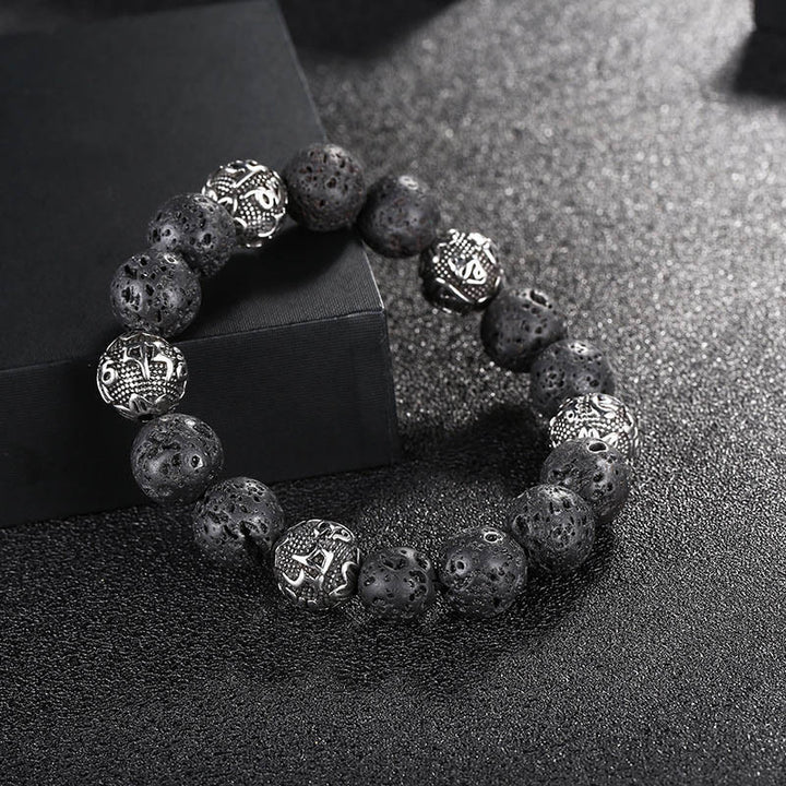 Pulsera curativa Om Mani Padme Hum de seis palabras verdaderas con piedra de lava natural de Buddha Stones y ojo de tigre de acero de titanio