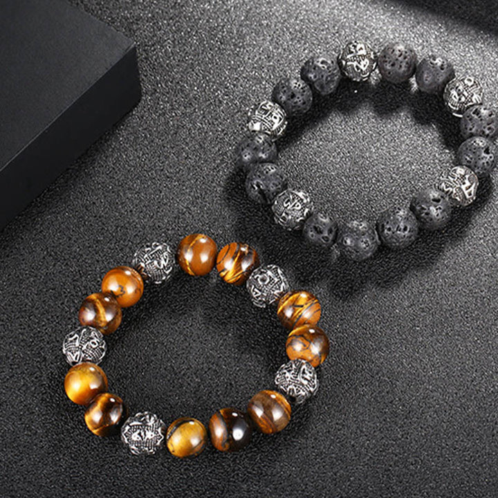 Pulsera curativa Om Mani Padme Hum de seis palabras verdaderas con piedra de lava natural de Buddha Stones y ojo de tigre de acero de titanio