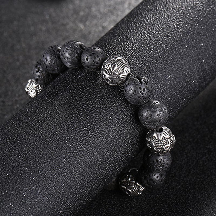 Pulsera curativa Om Mani Padme Hum de seis palabras verdaderas con piedra de lava natural de Buddha Stones y ojo de tigre de acero de titanio