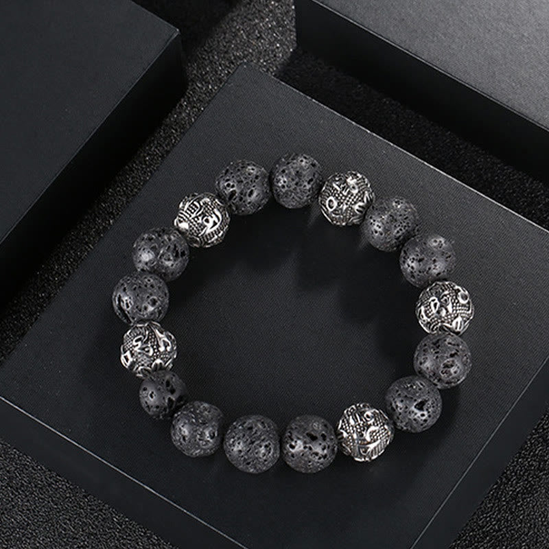 Pulsera curativa Om Mani Padme Hum de seis palabras verdaderas con piedra de lava natural de Buddha Stones y ojo de tigre de acero de titanio