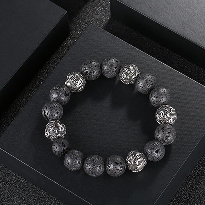 Pulsera curativa Om Mani Padme Hum de seis palabras verdaderas con piedra de lava natural de Buddha Stones y ojo de tigre de acero de titanio