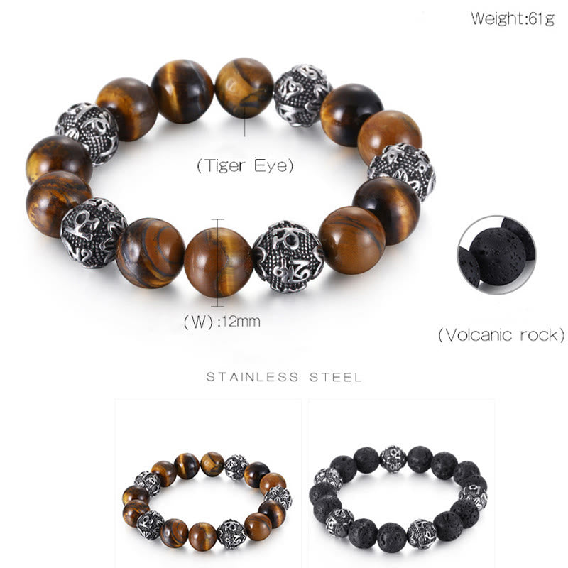 Pulsera curativa Om Mani Padme Hum de seis palabras verdaderas con piedra de lava natural de Buddha Stones y ojo de tigre de acero de titanio
