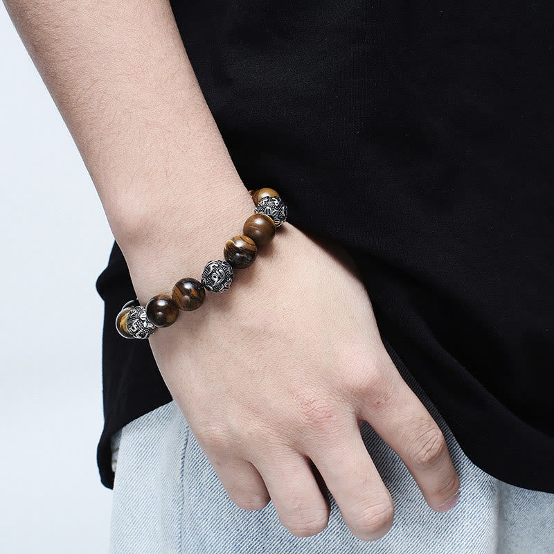 Pulsera curativa Om Mani Padme Hum de seis palabras verdaderas con piedra de lava natural de Buddha Stones y ojo de tigre de acero de titanio