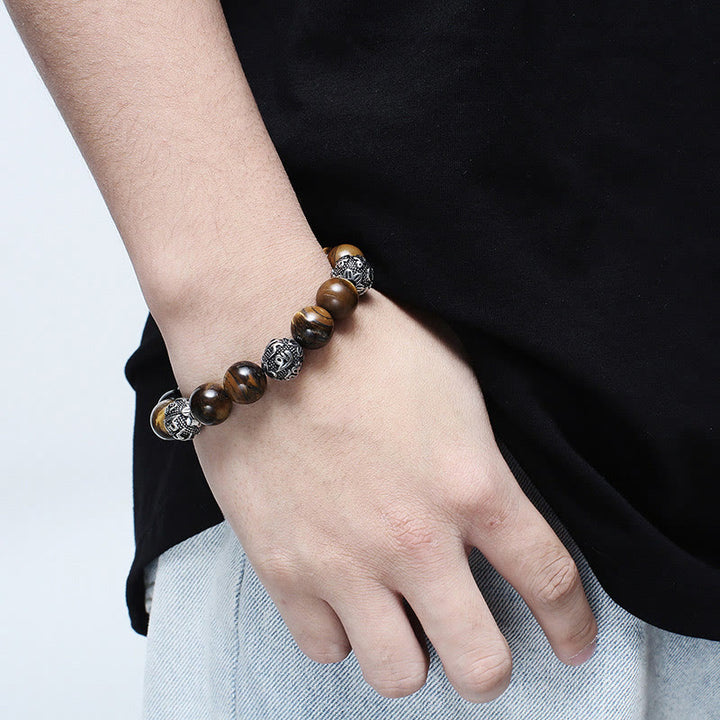 Pulsera curativa Om Mani Padme Hum de seis palabras verdaderas con piedra de lava natural de Buddha Stones y ojo de tigre de acero de titanio