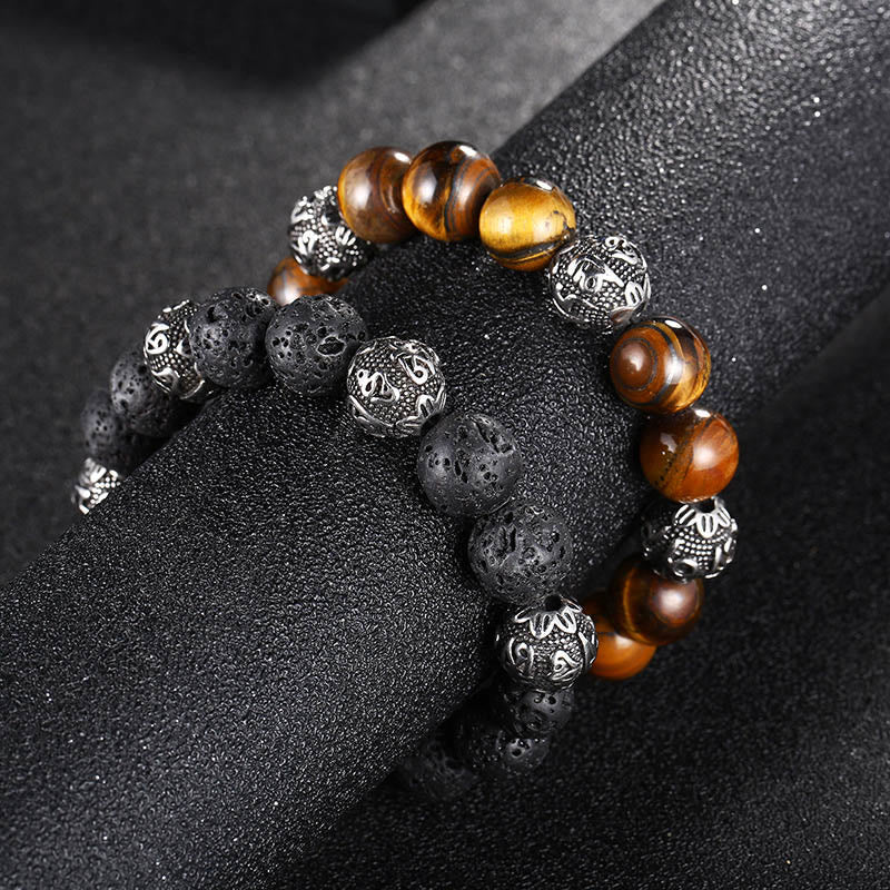 Pulsera curativa Om Mani Padme Hum de seis palabras verdaderas con piedra de lava natural de Buddha Stones y ojo de tigre de acero de titanio