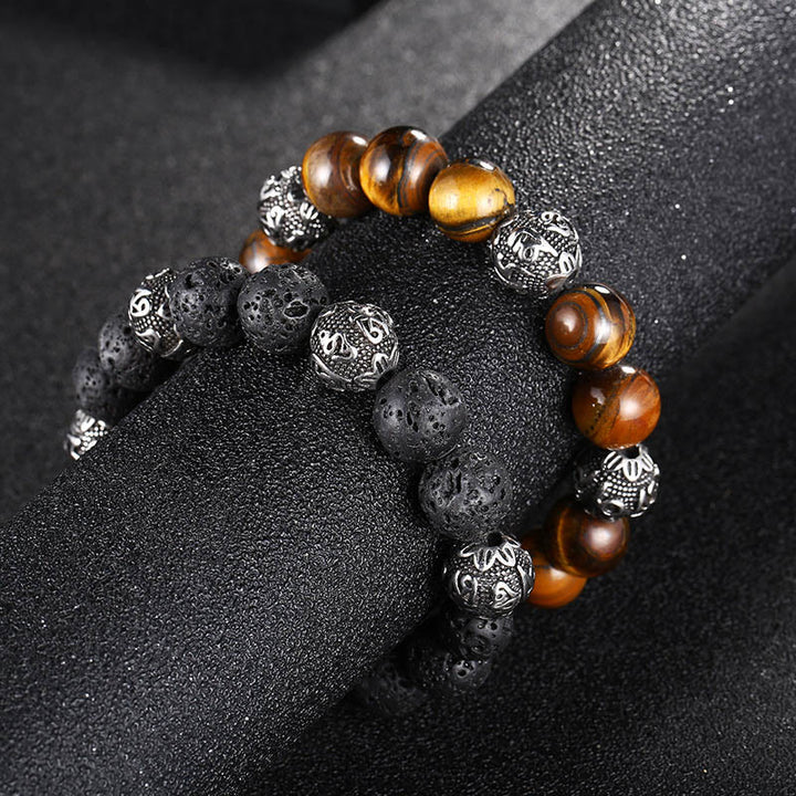 Pulsera curativa Om Mani Padme Hum de seis palabras verdaderas con piedra de lava natural de Buddha Stones y ojo de tigre de acero de titanio