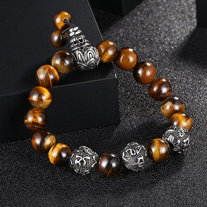 Pulsera de protección Om Mani Padme Hum de seis palabras verdaderas con Buddha Stones, ojo de tigre natural, roca de lava, obsidiana negra y acero de titanio