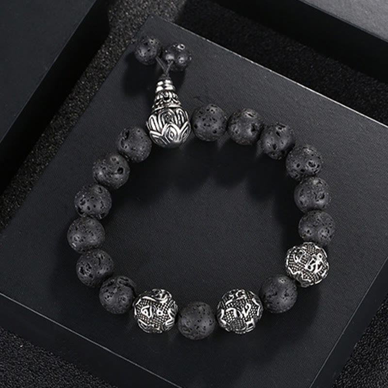 Pulsera de protección Om Mani Padme Hum de seis palabras verdaderas con Buddha Stones, ojo de tigre natural, roca de lava, obsidiana negra y acero de titanio