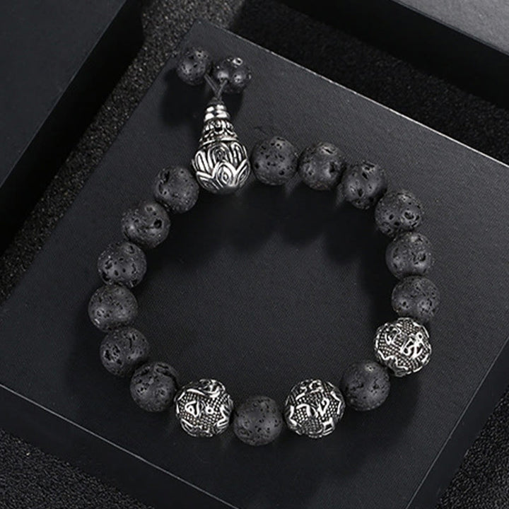 Pulsera de protección Om Mani Padme Hum de seis palabras verdaderas con Buddha Stones, ojo de tigre natural, roca de lava, obsidiana negra y acero de titanio