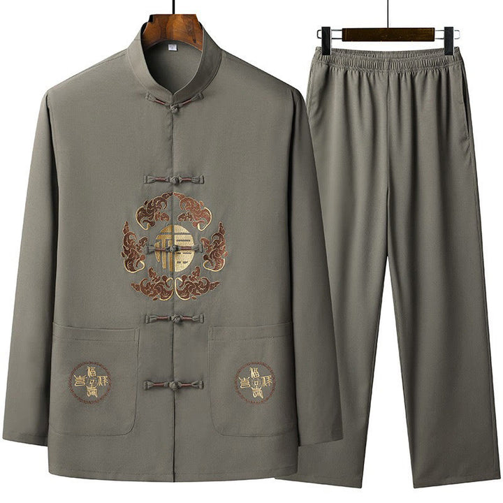 Traje Fu Tang bordado de Año Nuevo chino con Buddha Stones, conjunto de pantalones y camiseta de manga larga de Hanfu para hombre - Verde oliva - US/UK/AU44, EU54 (4XL) - image 3
