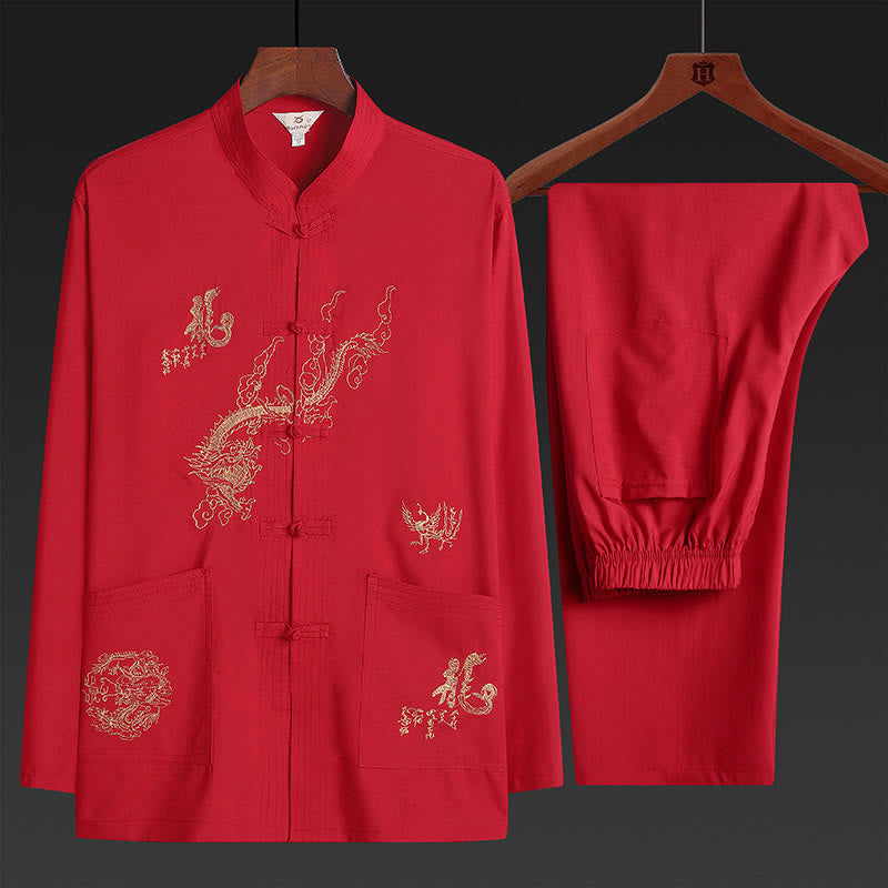 Traje Tang con Buddha Stones para Año Nuevo chino, uniforme tradicional Hanfu, camiseta de manga larga, pantalones, conjunto para hombre - Rojo - US/UK/AU42, EU52 (3XL) - image 0