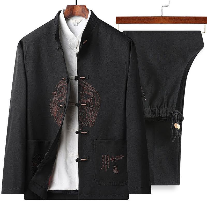 Traje Tang bordado con Buddha Stones para Año Nuevo chino, uniforme tradicional Hanfu, camiseta de manga larga, pantalones, conjunto para hombre - Top y pantalón negros - US/UK/AU46, EU56 (5XL) - image 4