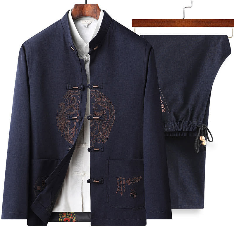 Traje Tang bordado con Buddha Stones para Año Nuevo chino, uniforme tradicional Hanfu, camiseta de manga larga, pantalones, conjunto para hombre