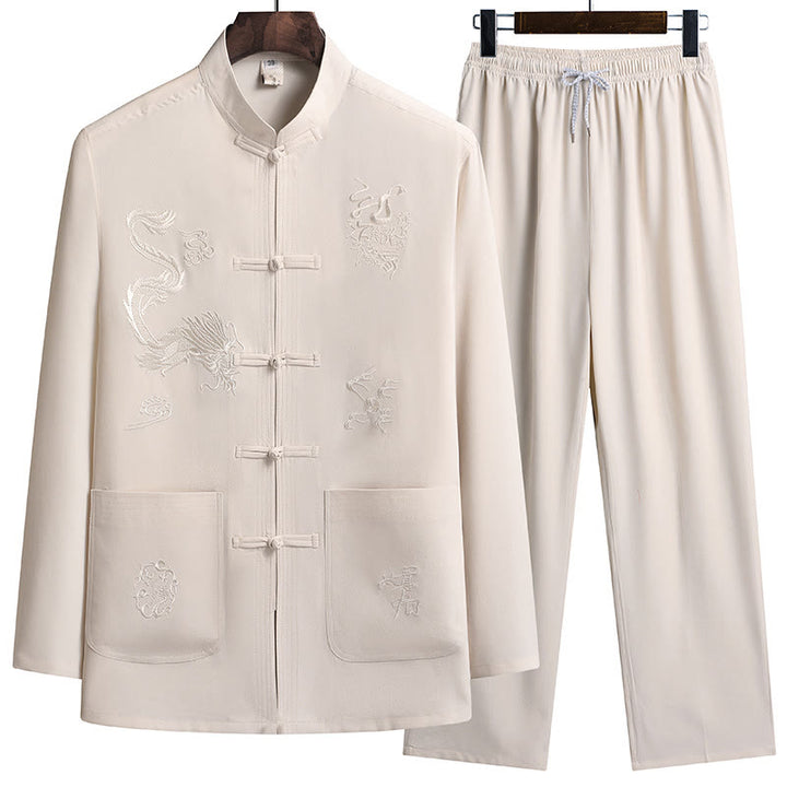 Traje Tang Hanfu de manga larga con botones y dragón y rana bordados con Buddha Stones para Año Nuevo chino, conjunto de ropa para hombre - Amarillo vara de oro claro - US/UK/AU44, EU54 (4XL) - image 17