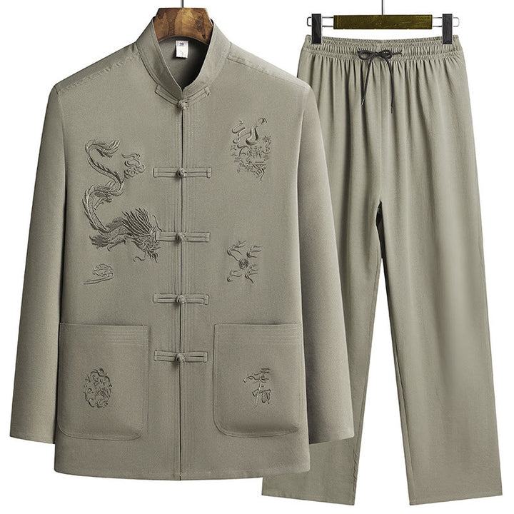 Traje Tang Hanfu de manga larga con botones y dragón y rana bordados con Buddha Stones para Año Nuevo chino, conjunto de ropa para hombre - Verde amarillento - US/UK/AU44, EU54 (4XL) - image 19