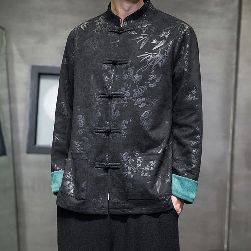 Buddha Stones , flores, bambú, puños de color sólido, botones de rana, traje Tang, chaqueta de algodón para hombre, camisa con bolsillos - Negro - US/UK/AU46, EU56 (5XL) - image 23