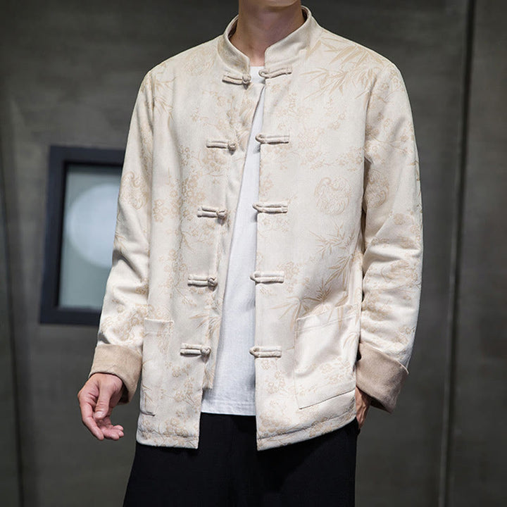 Buddha Stones , flores, bambú, puños de color sólido, botones de rana, traje Tang, chaqueta de algodón para hombre, camisa con bolsillos - image 46