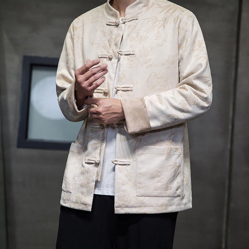 Buddha Stones , flores, bambú, puños de color sólido, botones de rana, traje Tang, chaqueta de algodón para hombre, camisa con bolsillos - image 50